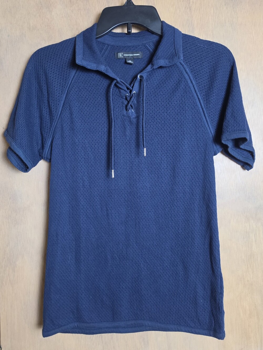 INC International Concepts Navy Lace-Up Polo Knit Mesh Texture Top Shirt XS
